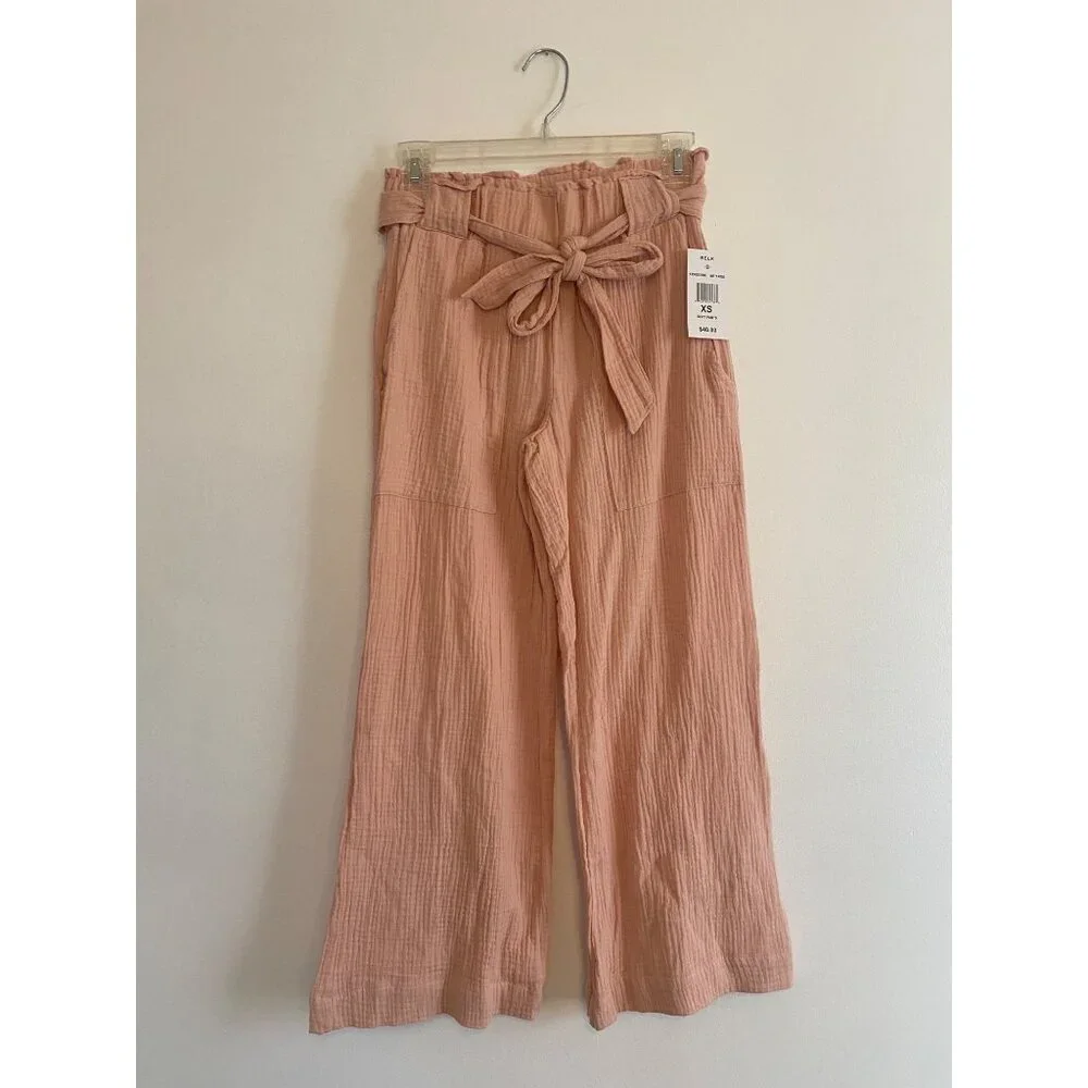Indigo Rein Misty Rose Soft Gauze Cotton Pants XS With Paperbag Waist & Tie Belt - Picture 1 of 5